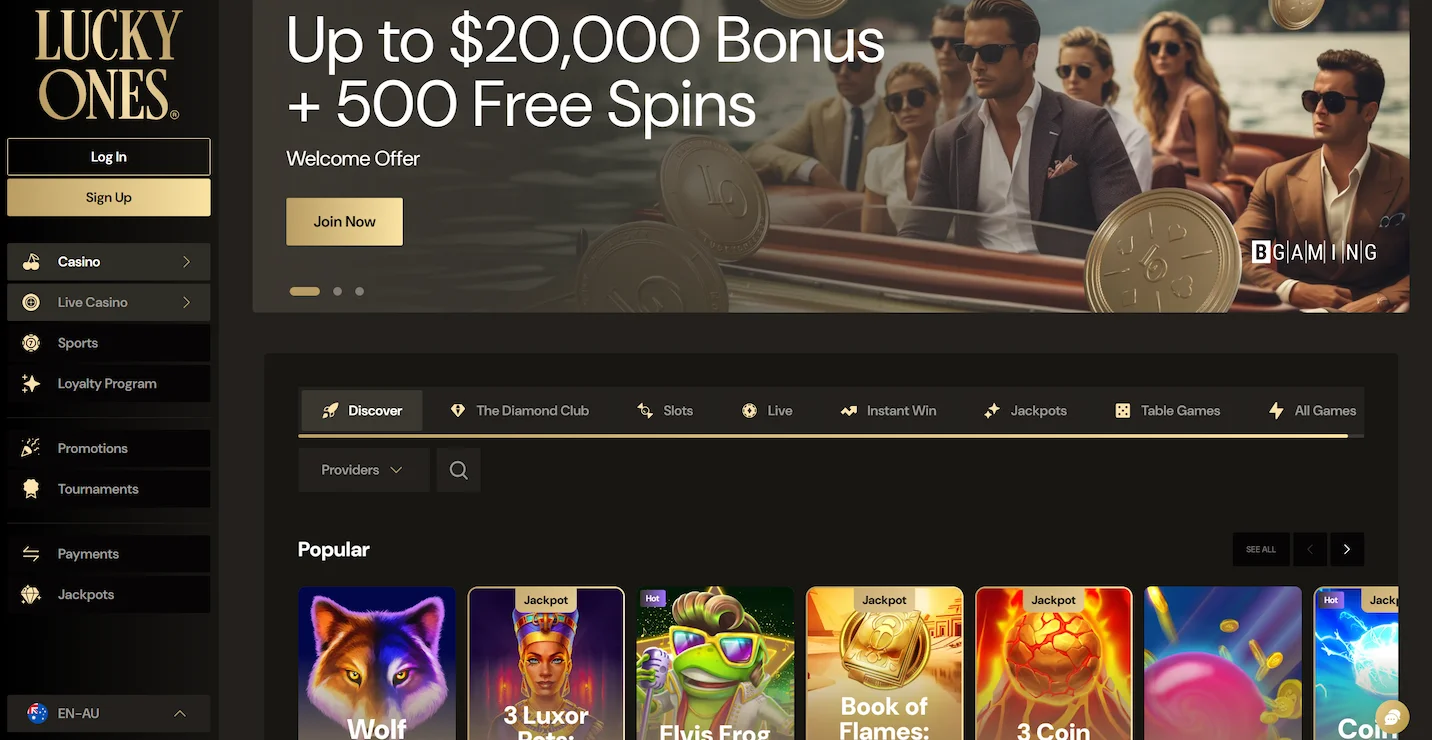 LuckyOnes casino page showing welcome offer, popular online pokies and site navigation