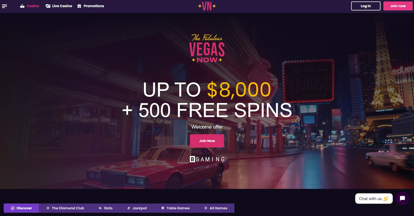 VegasNow casino page showing welcome offer and site navigation